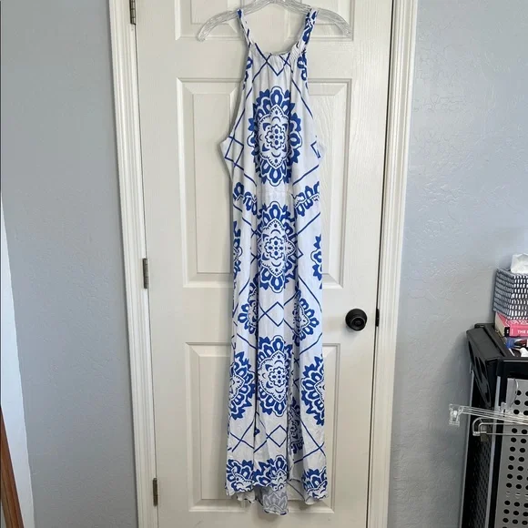 1.state revolve linen blue, white Portuguese tile print open back maxi dress Med - Picture 2 of 10